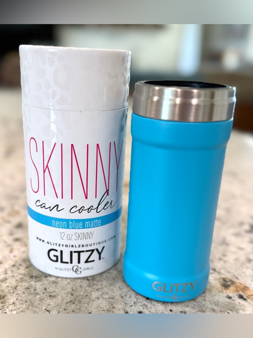 Glitzy Girlz "Neon Blue Matte" 12 oz Skinny Can Cooler - NEW